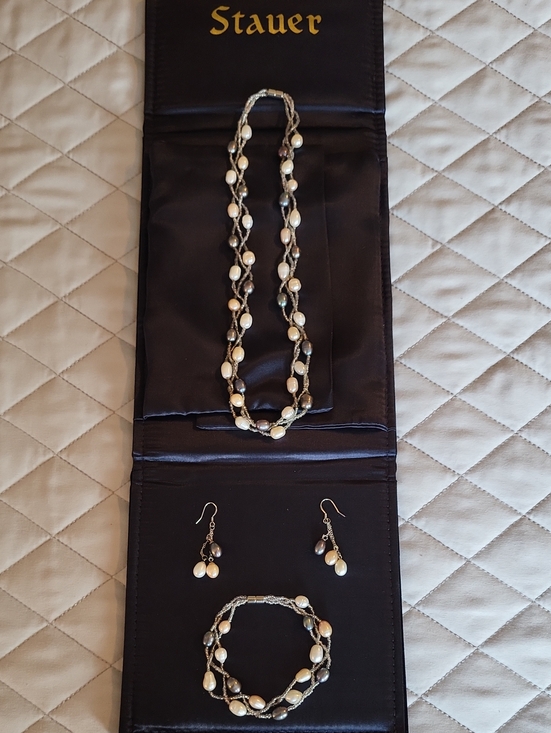 Stauer Jewelry - Stauer White, Black & Peach Pearl and Silver-Tone Braided Necklace Set
